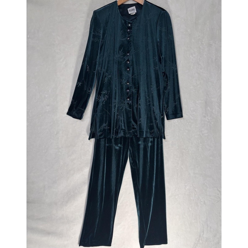 Vtg 90s Teal Stretch Velvet 2pc Pant Set Made USA Evening Lounge Formal Occasion